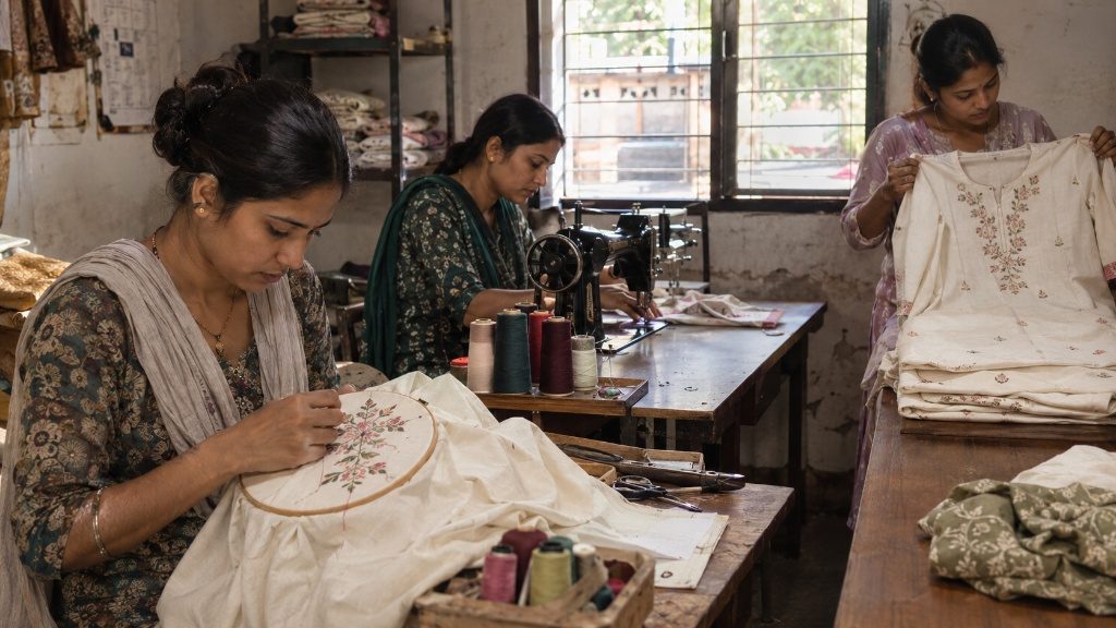 Illustrative image: women embroidering, sewing and folding garments in a sunlit workshop.