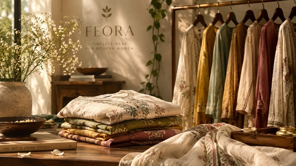 FEORA brand mood image: folded printed kurtis on a wooden table beside a rail of garments, with the FEORA mark on the wall.