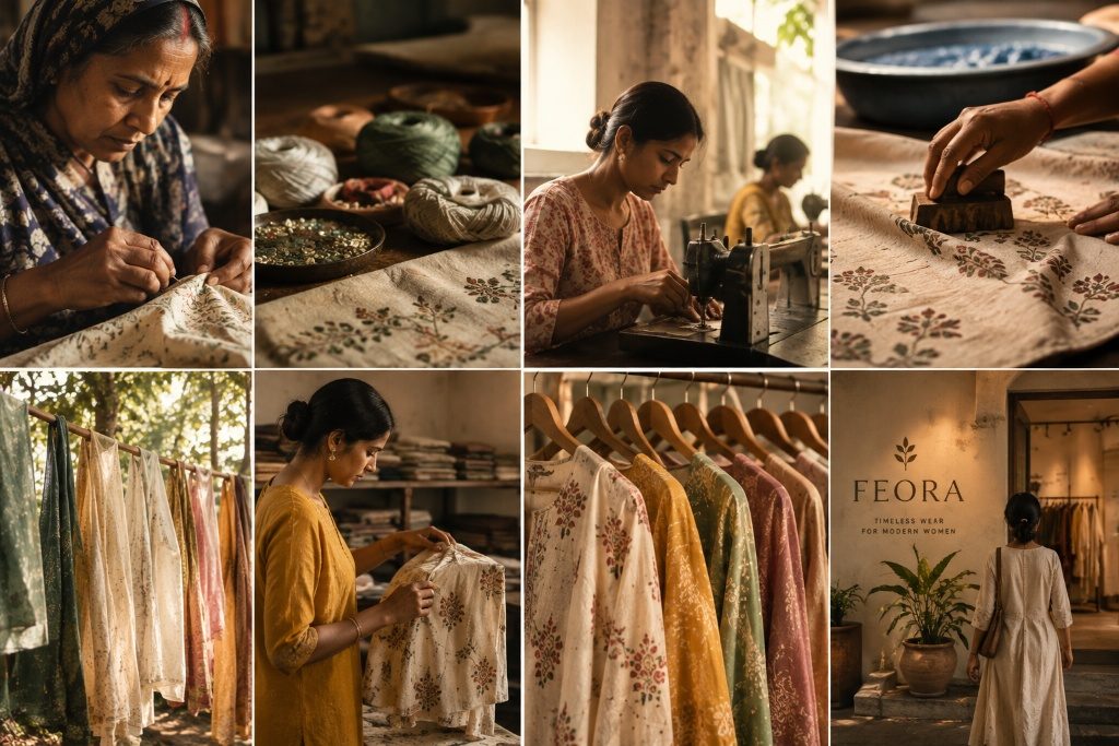 Illustrative collage: hand embroidery, threads, block printing, sewing and garments on hangers.