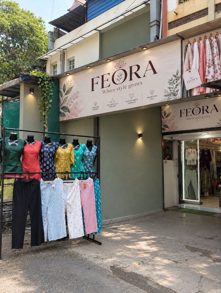 The FEORA storefront in Pune: a sage-green façade with the sign 'FEORA — Where style grows' above a rack of kurtis and trousers.