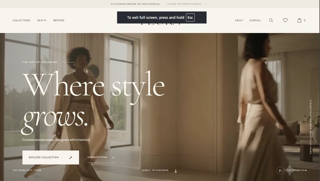 FEORA website design: navigation with Collections, New In and Bespoke; the headline 'Where style grows.' in an elegant serif over a warm interior; 'Explore collection' and 'Discover FEORA' buttons.
