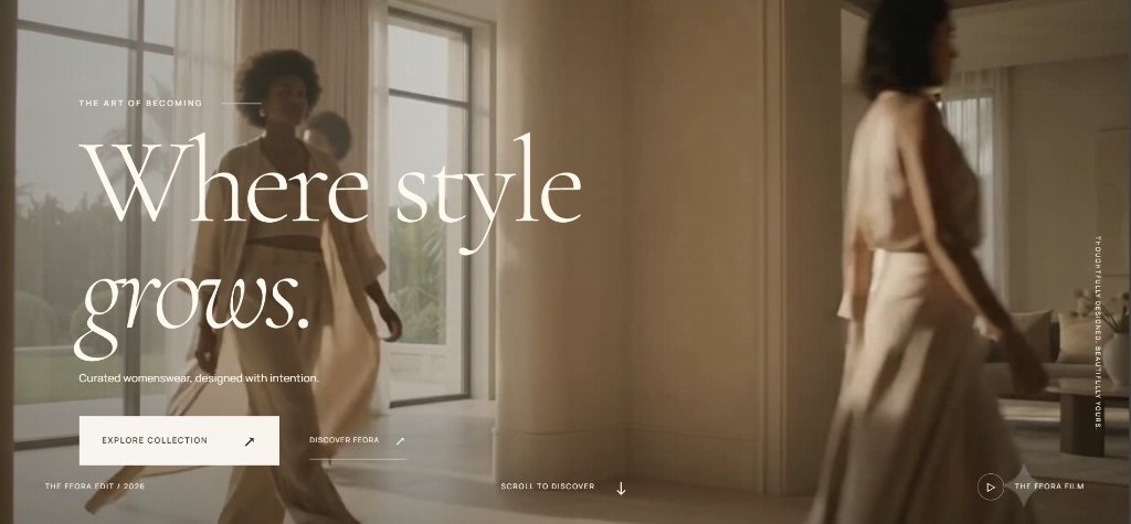 FEORA website design: 'Where style grows.' over a warm, sunlit interior.